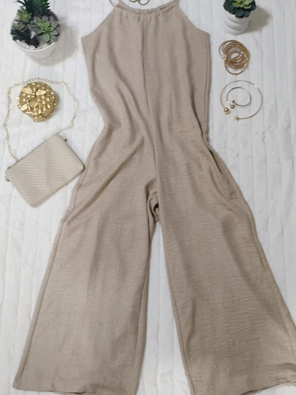 Small Zara Beige Halter Wide-Leg Jumpsuit